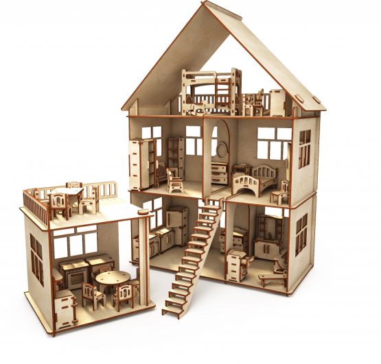 Конструктор-кукольный домик ХэппиДом «Коттедж с пристройкой и мебелью» из дерева
