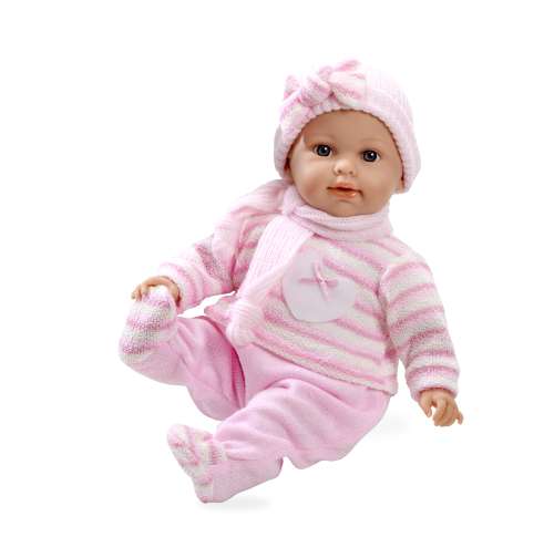 Arias ELEGANCE мягкая-виниловая кукла 42 см с функцией плача с соской в вязаном костюмчике шапочке шарфике розовый